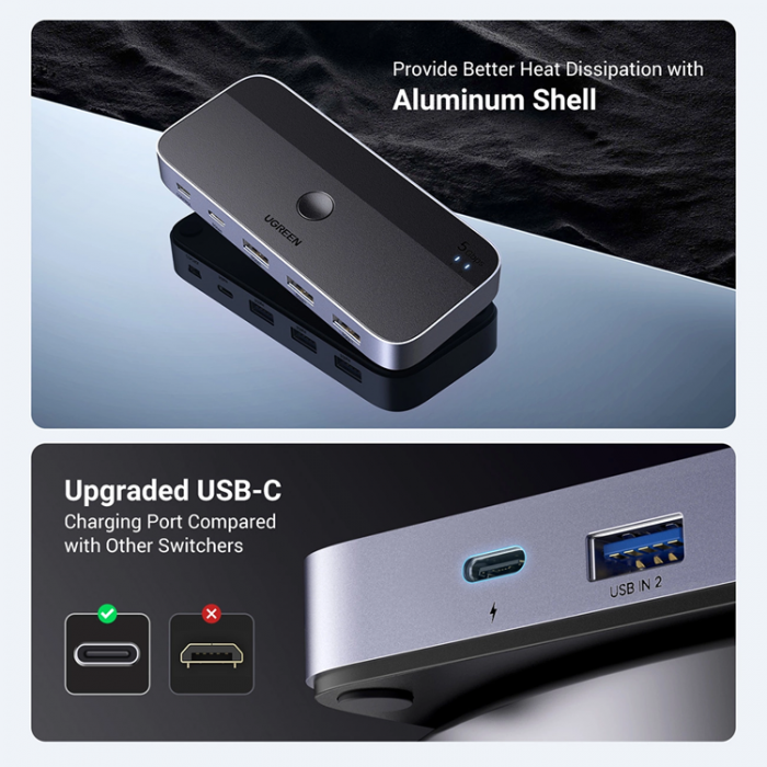 Ugreen - Ugreen CM662 HUBB 2-i-4 Switch + 2x USB-A Kabel - Svart
