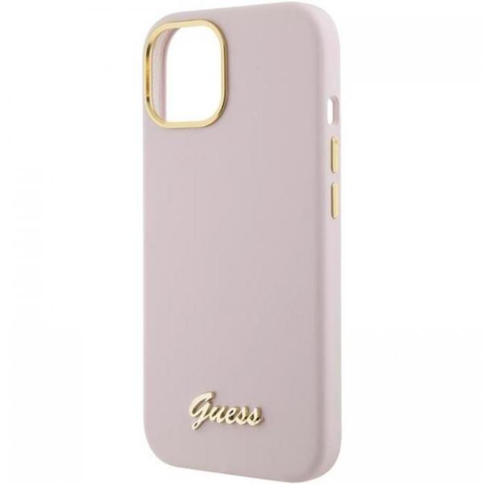 Guess - Guess iPhone 15 Mobilskal Silikon Script Metal Logo - Rosa