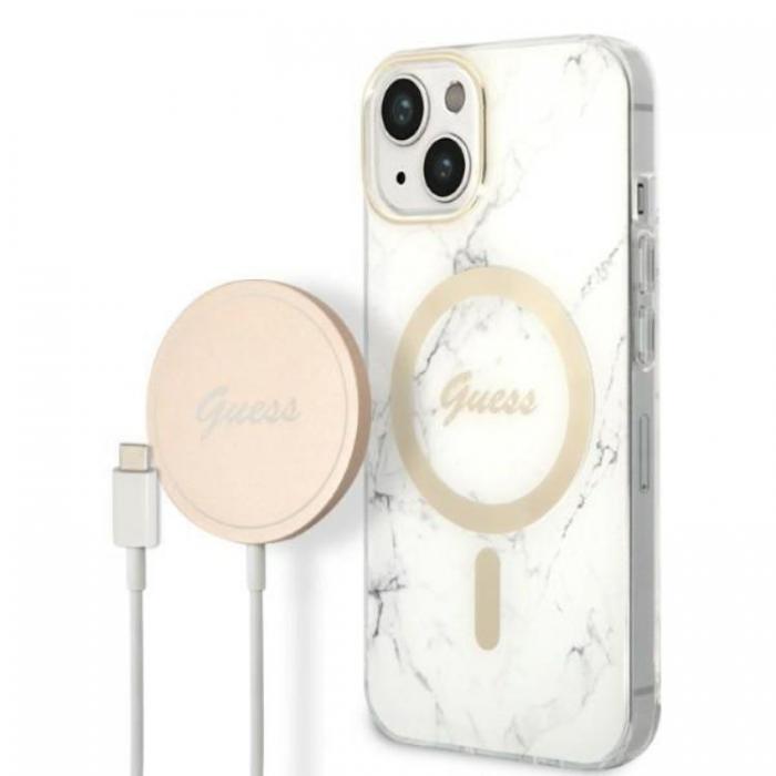 Guess - GUESS iPhone 14 Plus Magsafe Skal Marble + Trdls Laddare - Vit