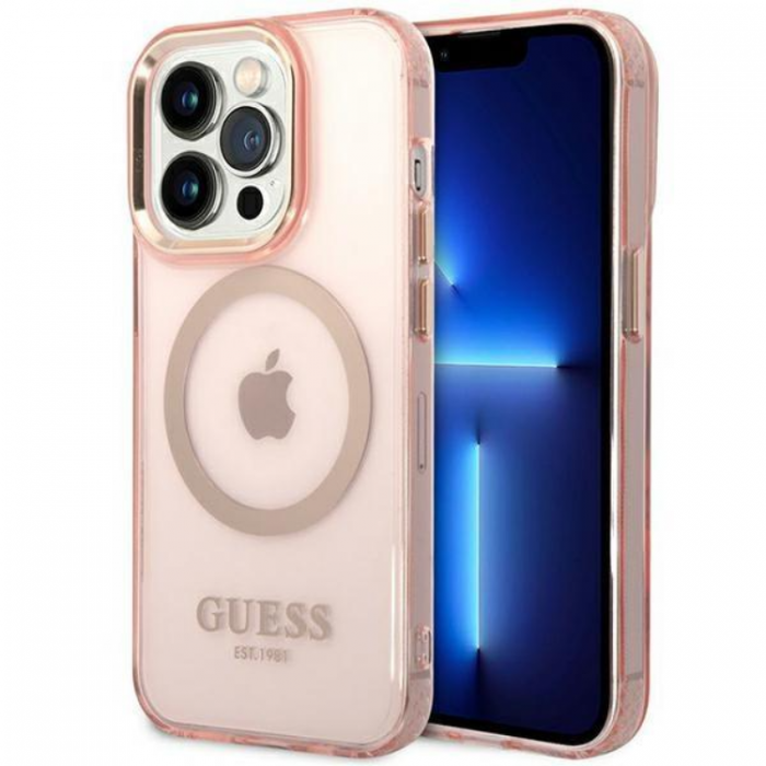 Guess - Guess iPhone 14 Pro Max Mobilskal MagSafe Gold Outline - Rosa