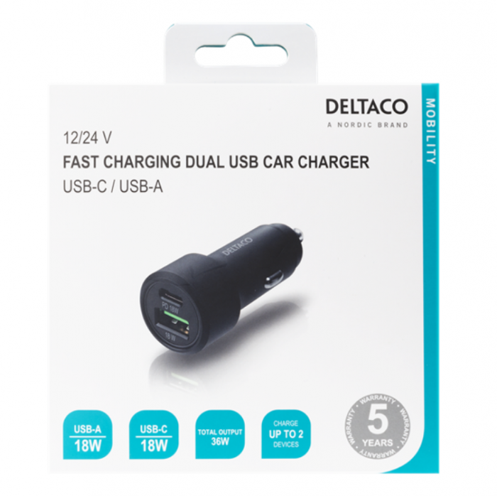 UTGATT1 - Deltaco PD Billaddare USB Till USB-C 38 W - Svart