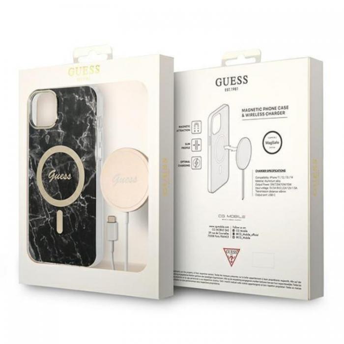 Guess - GUESS iPhone 14 Plus Magsafe Skal Marble + Trdls Laddare - Svart