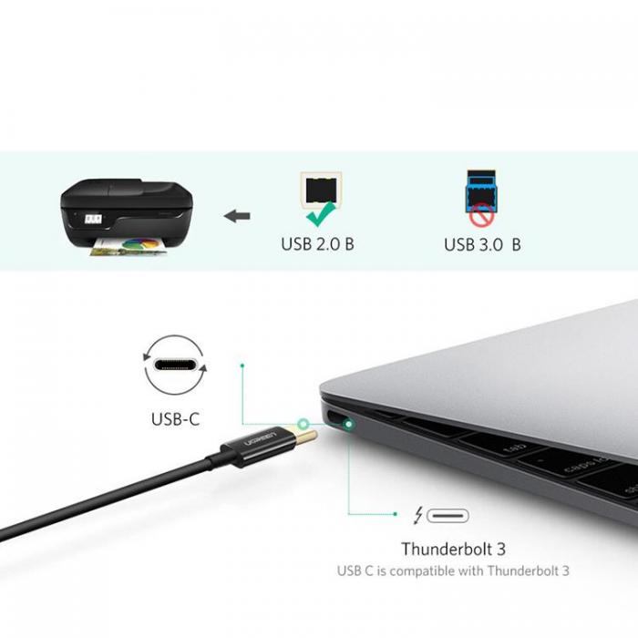Ugreen - Ugreen USB-C 2.0 Till USB-B Kabel 1m - Svart