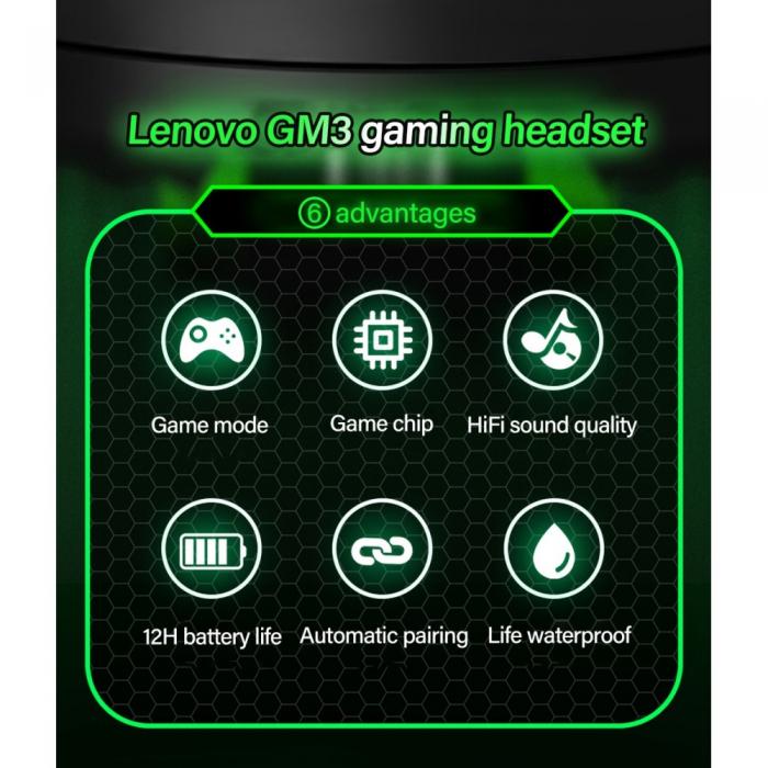 Lenovo - LENOVO GM3 TWS LED Bluetooth Trdlsa Hrlurar - Svart