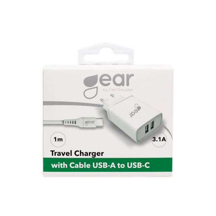 UTGATT1 - GEAR - Laddare 220V 2xUSB 3.1A Vit USB-C 2.0 Kabel 1m