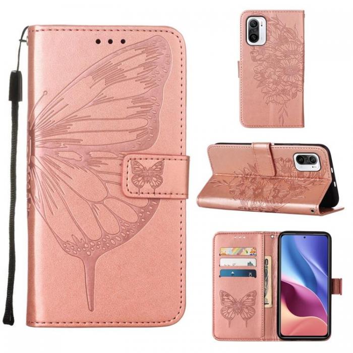 A-One Brand - Butterfly Flower Imprinted Plnboksfodral Xiaomi 12 Pro - Rosa Guld