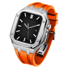 A-One Brand - Apple Watch 4/5/6/SE (44mm) Luxury Band Armor Stainless Steel - Silver/Orange