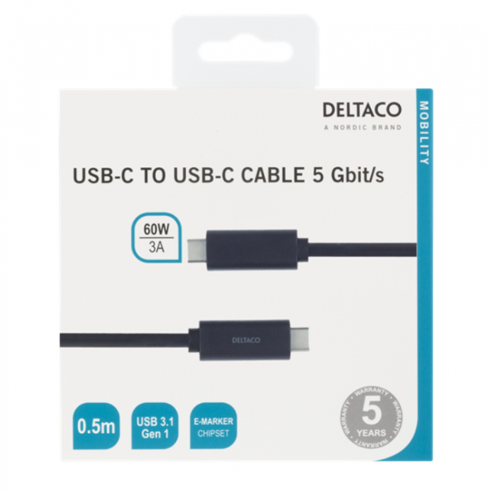 UTGATT1 - Deltaco USB-C till USB-C Kabel 0.5m 3A - Svart