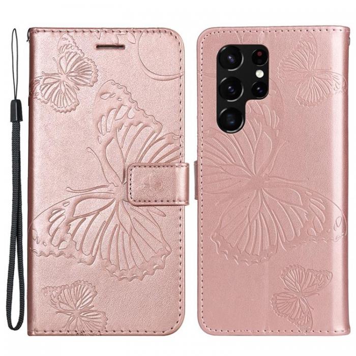 A-One Brand - Butterfly Imprinted Fodral Galaxy S22 Ultra - Rosa Guld