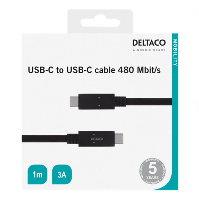 UTGATT1 - Deltaco USB-C till USB-C Kabel 1m 480 Mbit/s - Svart