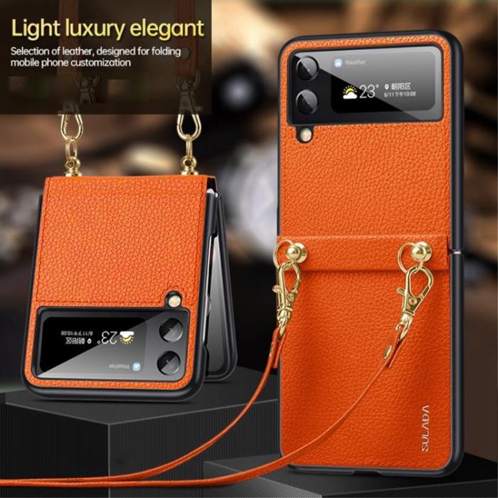 SULADA - SULADA Galaxy Z Flip 4 Skal Lder Treasure Strap - Orange
