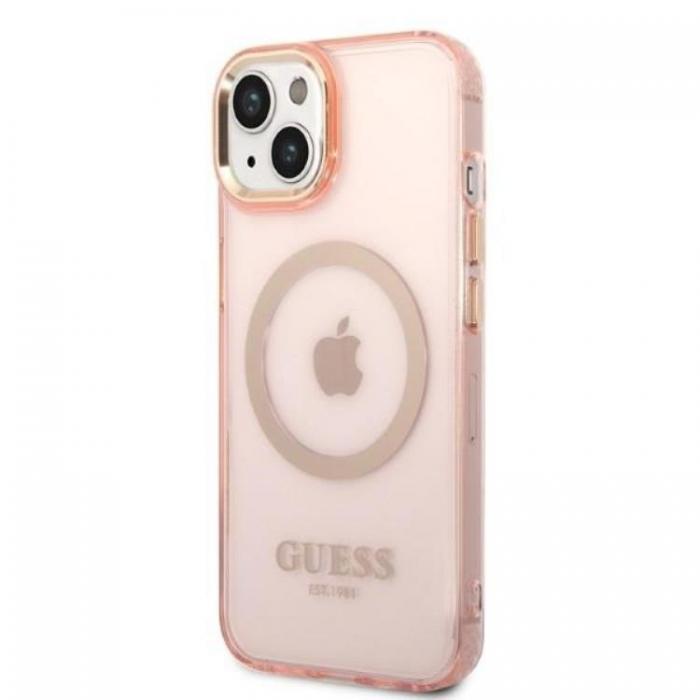 Guess - GUESS iPhone 14 Skal MagSafe Gold Outline Translucent - Rosa