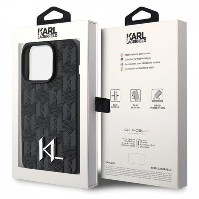 KARL LAGERFELD - KARL LAGERFELD iPhone 15 Pro Max Mobilskal Lder Monogram Hot Stamp Metal Logo