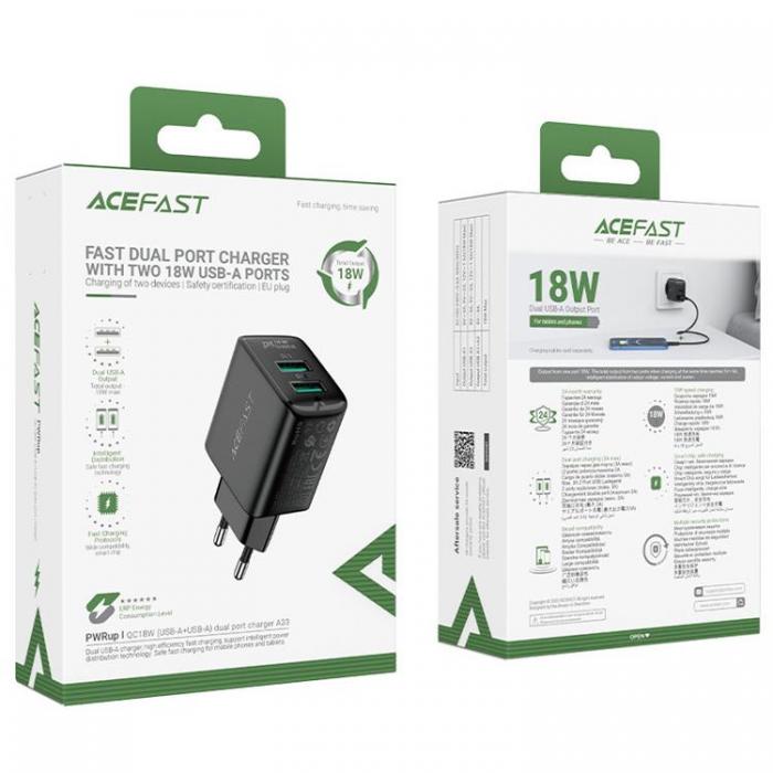 Acefast - Acefast Vggladdare 2x USB 18W - Svart