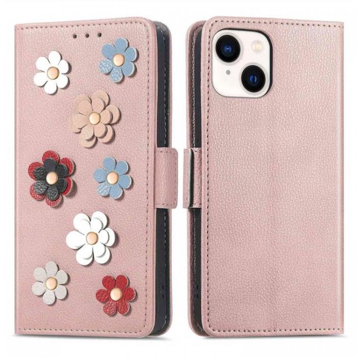 A-One Brand - iPhone 14 Plnboksfodral Flower Decor Magnetic - Rosa Guld