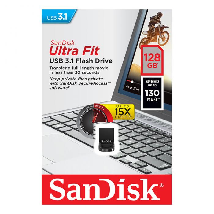 UTGATT5 - SANDISK ULTRAFITUSB 3.1 128GB SMALLFORMF PLUG&STAY USB DRIVE