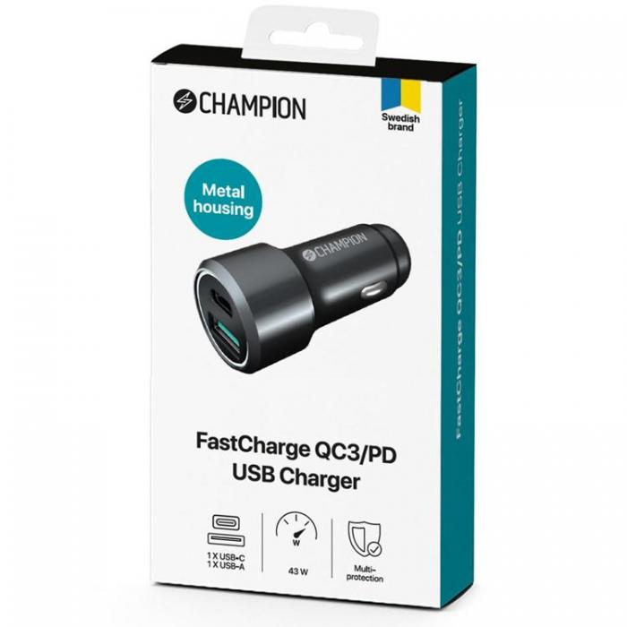 Champion - CHAMPION Snabbladdning PD USB Billaddare Duo 43W