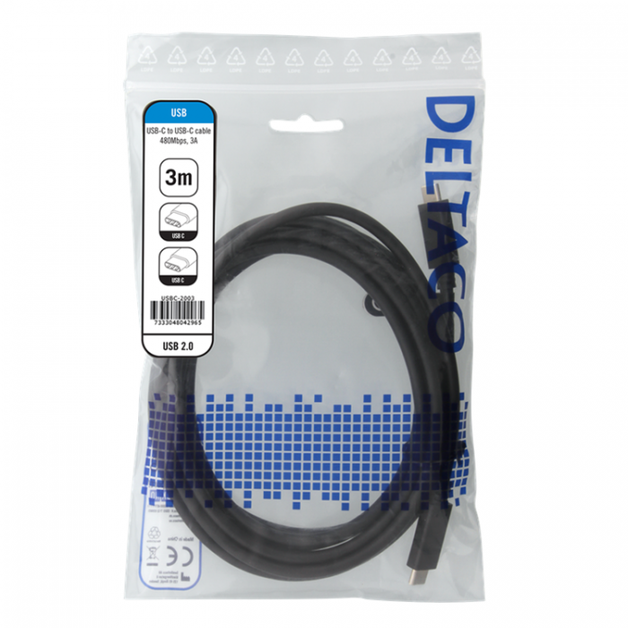 Deltaco - Deltaco USB-C till USB-C 3A Kabel 3m - Svart