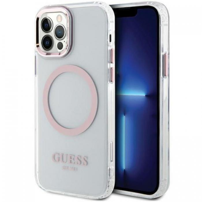 Guess - Guess iPhone 12 Pro/12 Mobilskal Magsafe Metall Outline - Rosa
