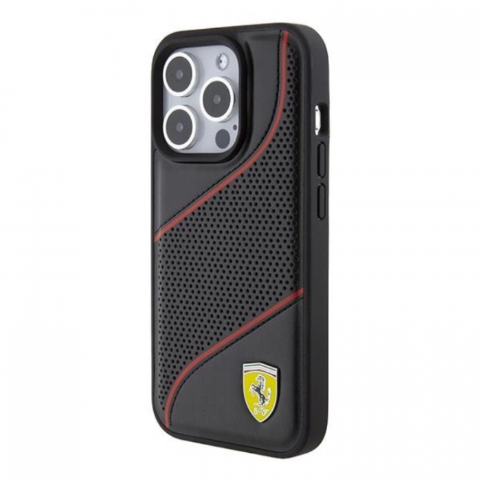 Ferrari - Ferrari iPhone 15 Pro Mobilskal Perforated Waves Metal Logo - Svart