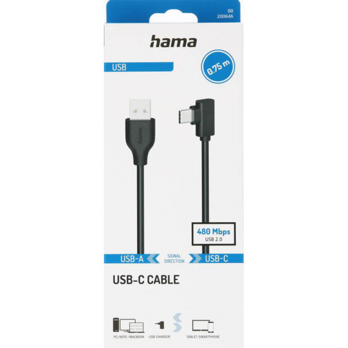 Hama - HAMA Kabel USB-A till USB-C USB 2.0 480 Mbit/s 0.75m - Svart