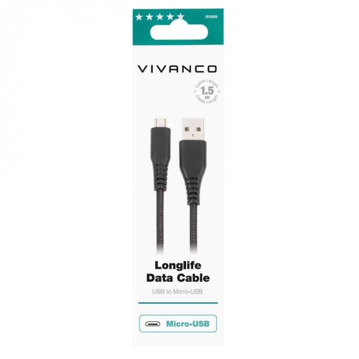 UTGATT1 - Vivanco Longlife Micro-USB kabel 1.5m - Svart