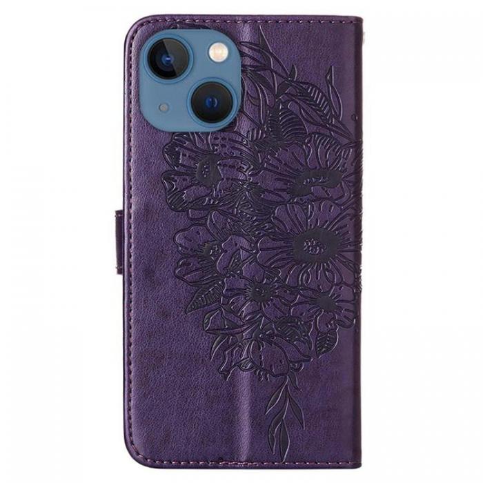 A-One Brand - iPhone 14 Plus Plnboksfodral Butterfly Flower Imprinted - Lila