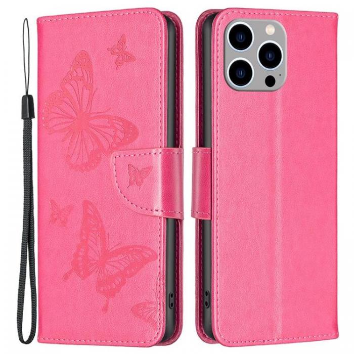 A-One Brand - iPhone 14 Pro Max Plnboksfodral Butterflies Imprinted - Magenta