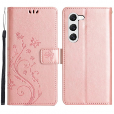 A-One Brand - Galaxy S23 Plånboksfodral Imprinting Flower Butterfly - Rosa Guld