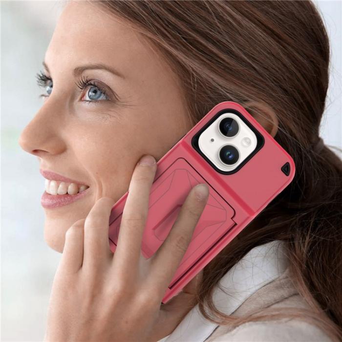 A-One Brand - iPhone 14 Skal Korthllare Mirror Kickstand - Rd