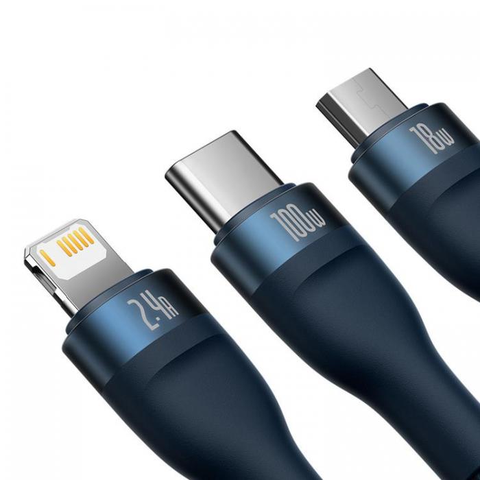 BASEUS - Baseus 3in1 Snabbladdningskabel Lightning, USB-C, microUSB 100W 1.2m - Bl
