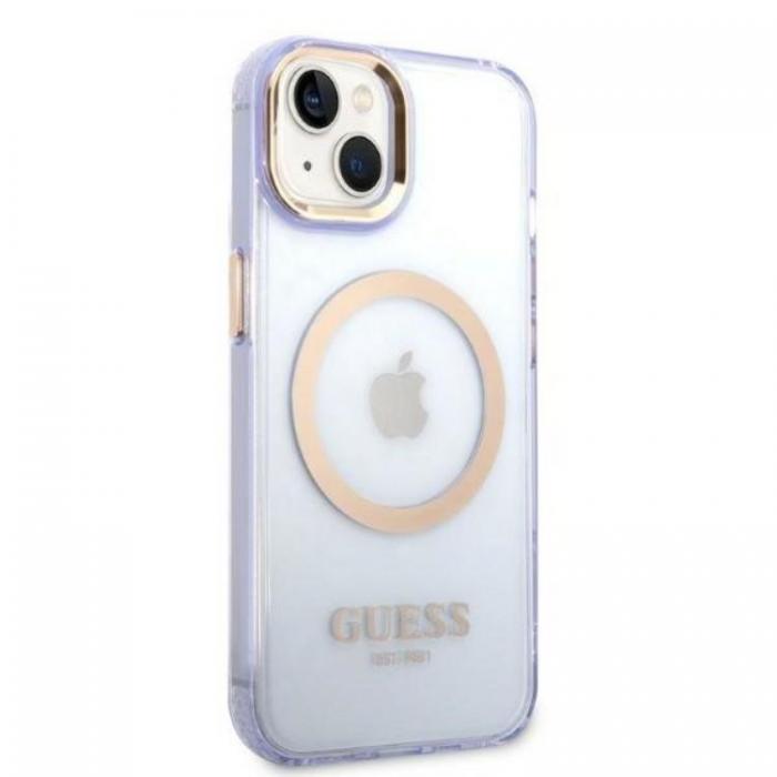 Guess - GUESS iPhone 14 Skal MagSafe Gold Outline Translucent - Lila