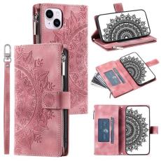A-One Brand - iPhone 15 Plus Plånboksfodral Mandala Flower Imprinted - Rosa Guld