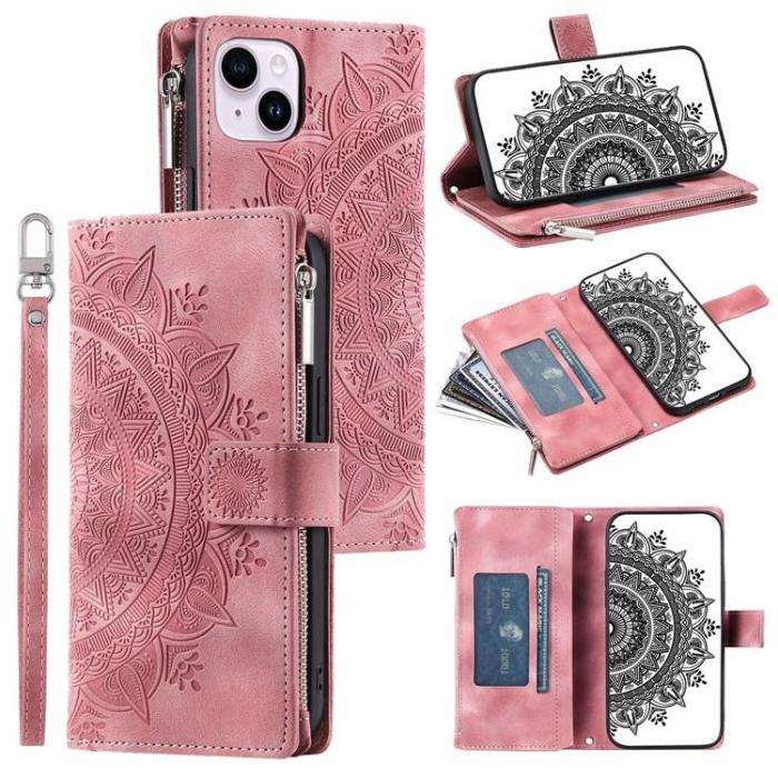 A-One Brand - iPhone 15 Plus Plnboksfodral Mandala Flower Imprinted - Rosa Guld