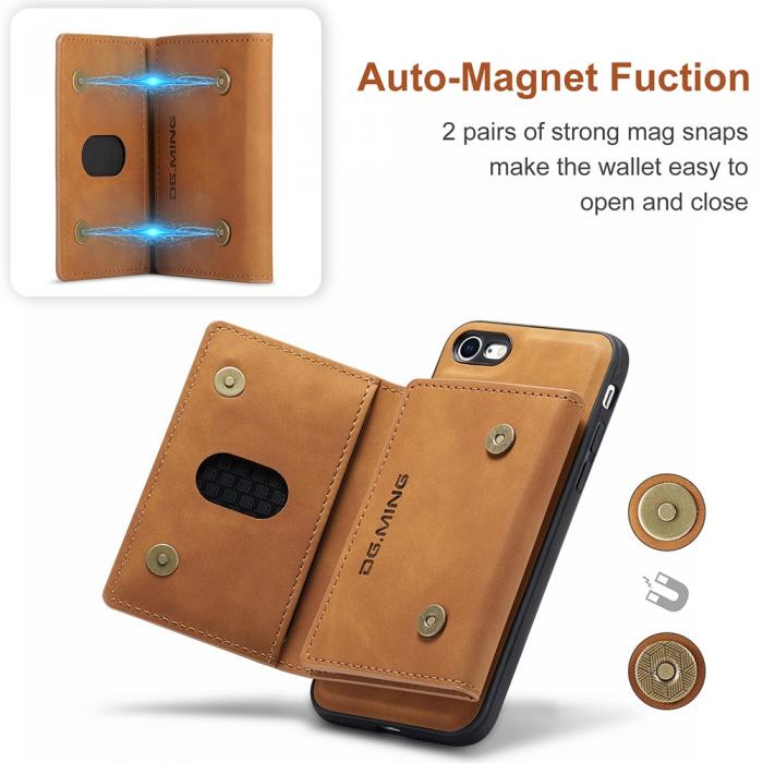 DG.MING - iPhone 7/8/SE 2020 Skal DG.MING Magnetic Tri-fold Wallet Med Kickstand - Brun