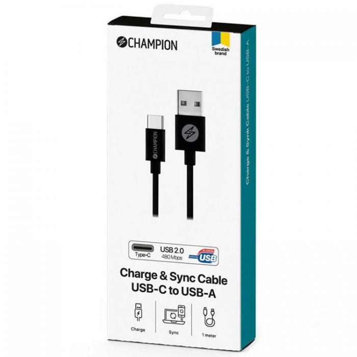 Champion - CHAMPION USB-A till USB-C Kabel 2m - Svart