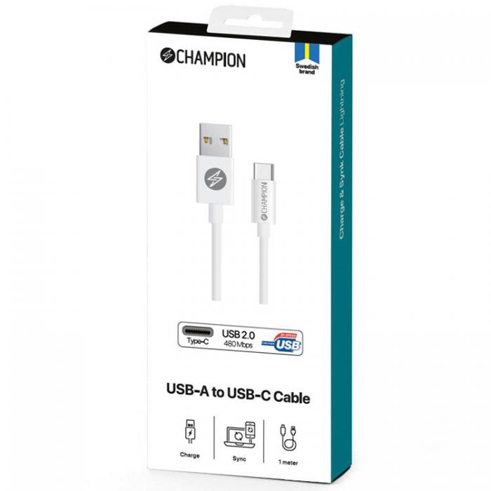 Champion - CHAMPION USB-A till USB-C Kabel 3m - Vit