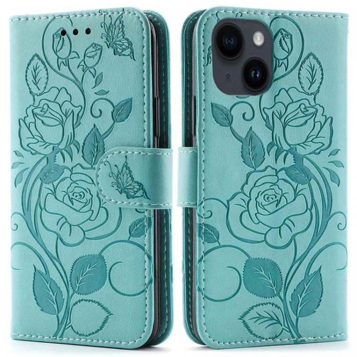 A-One Brand - iPhone 14 Plus Plnboksfodral Imprinted Roses - Turkos