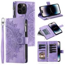 A-One Brand - iPhone 15 Pro Plånboksfodral Mandala Flower Imprinted - Lila