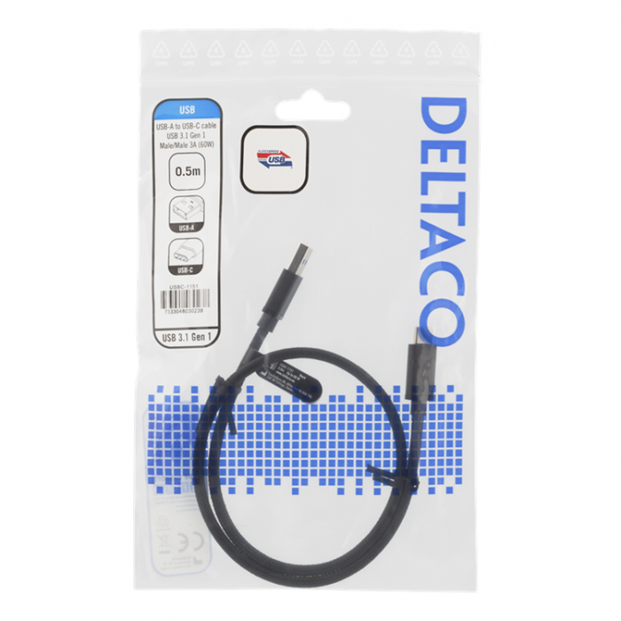 UTGATT1 - Deltaco USB-A till USB-C Kabel 0.5m 60W - Svart