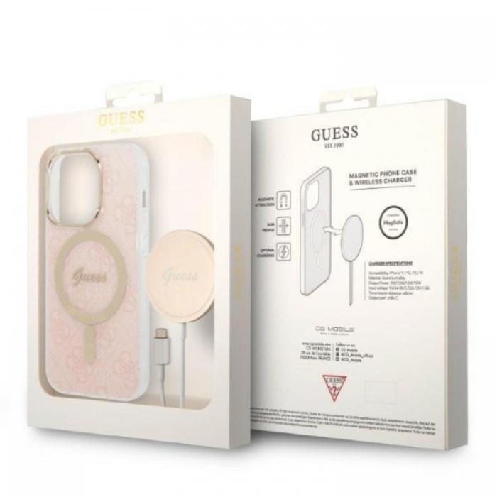 Guess - GUESS iPhone 14 Pro Magsafe Skal 4G Print + Trdls Laddare - Rosa