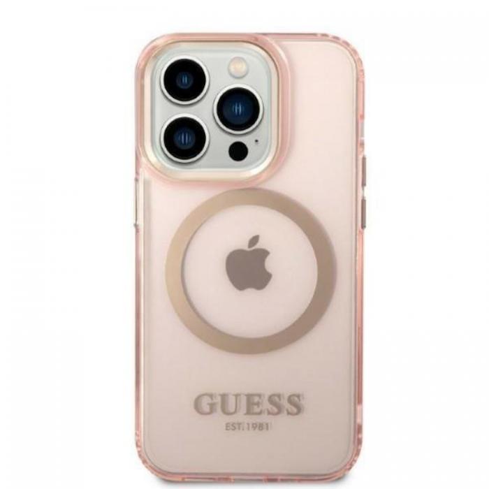 Guess - GUESS iPhone 14 Pro Skal MagSafe Gold Outline Translucent - Rosa