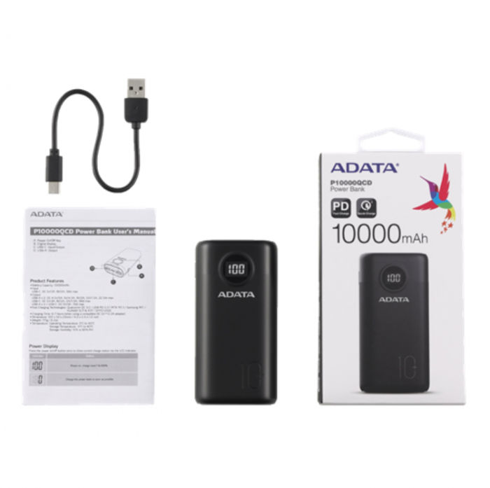 UTGATT1 - Adata Powerbank 10000mAh 22.5 W USB-C Kabel - Svart