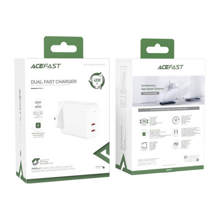 UTGATT1 - Acefast UK PD Vggladdare 2x USB-C 40W - Vit