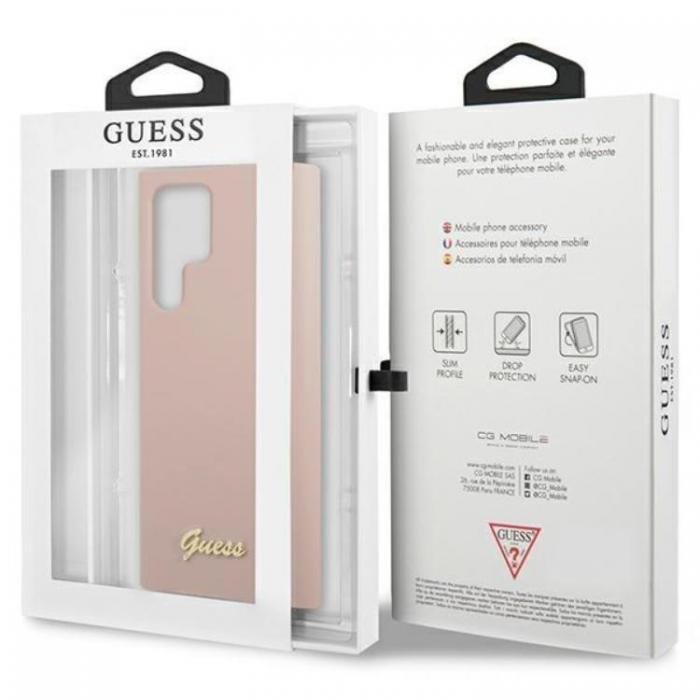 Guess - Guess Galaxy S23 Ultra Skal Silicone Script Metal Logo - Rosa