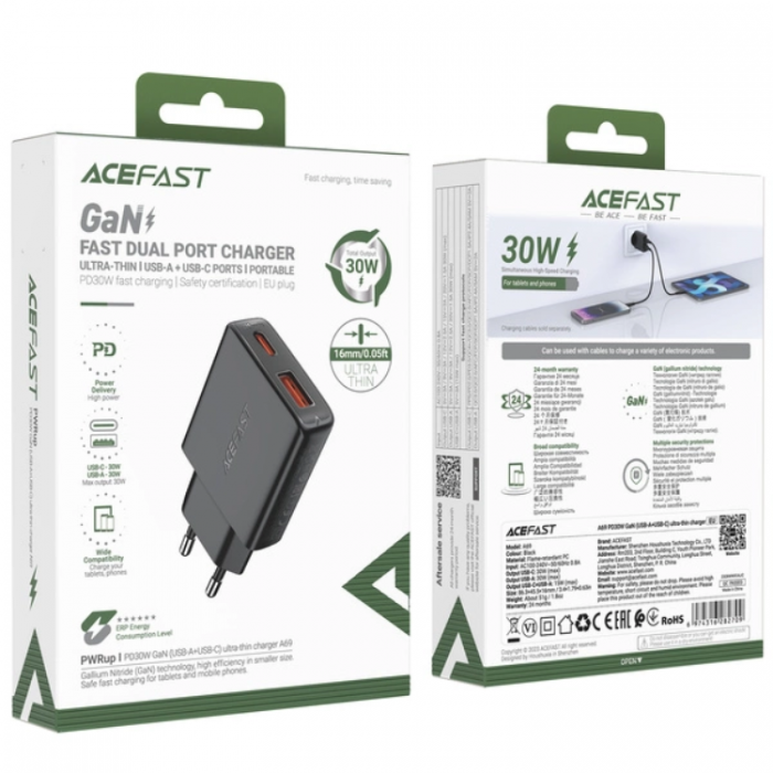 Acefast - Acefast Vggladdare USB-C/USB-A 30W GaN - Svart