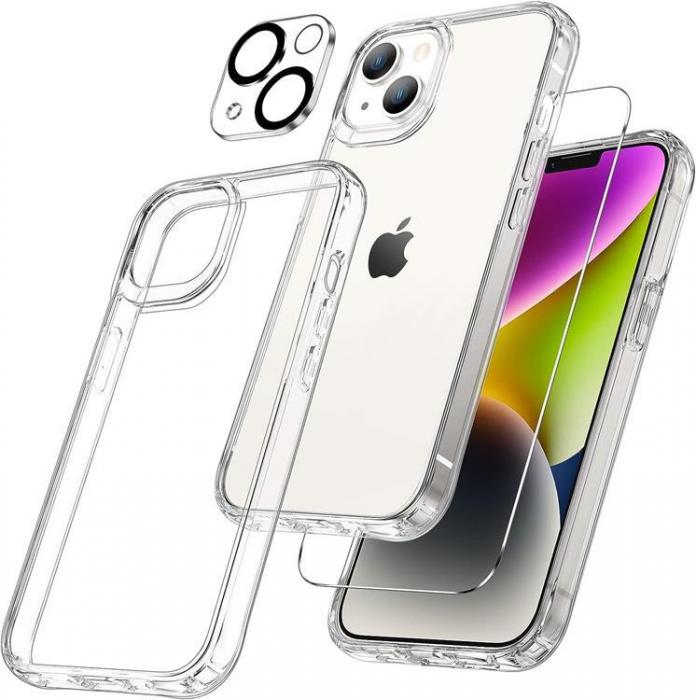 [3in1] BOOM iPhone 15 Mobilskal, Hrdat Glas, Kameralinsskydd - Clear