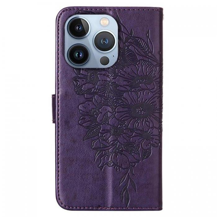 A-One Brand - iPhone 14 Pro Plnboksfodral Butterfly Flower Imprinted - Lila