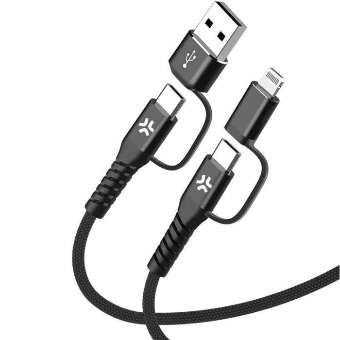 Celly - CELLY 4-i-1 USB-C till USB-C/Lightning Kabel Max 60W 2m - Svart