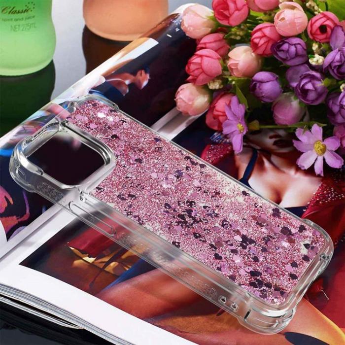 A-One Brand - iPhone 14 Pro Skal Liquid Floating Glitter - Rosa Guld